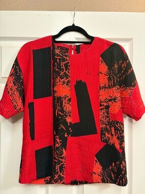 Icinoo 100% silk red and black short sleeve blouse vintage women's size 6